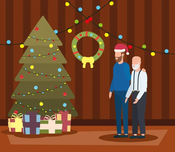 Grand-père et fils dans la place de la maison avec décoration de Noël — Image vectorielle