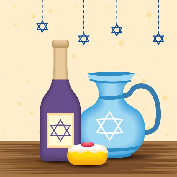 Χαρούμενη κάρτα γιορτή hanukkah με μπουκάλι κρασί και τσαγιέρα — Διανυσματικό Αρχείο