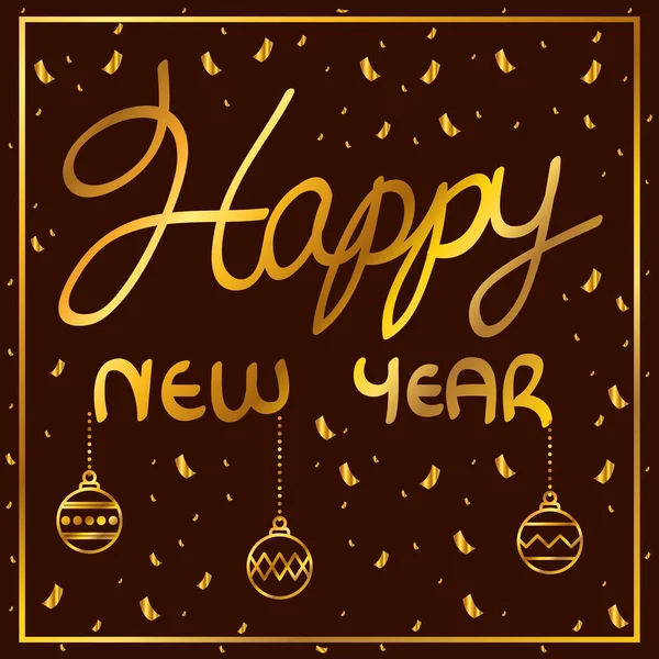 Feliz año nuevo letras doradas con bolas colgando — Vector de stock