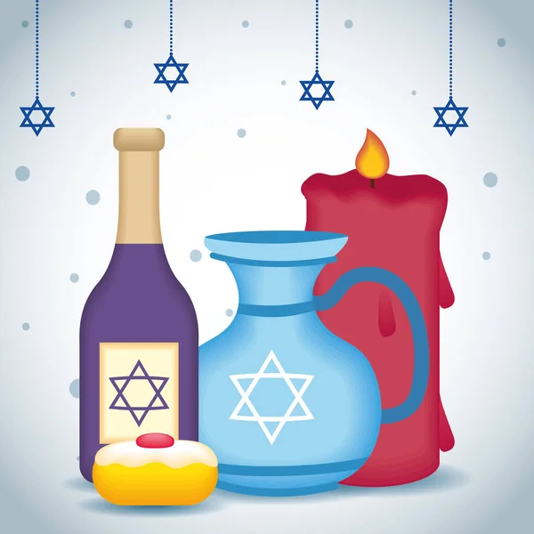 Χαρούμενη κάρτα γιορτή hanukkah με μπουκάλι κρασί και τσαγιέρα — Διανυσματικό Αρχείο