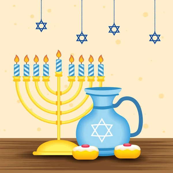 Happy hanukkah celebration card with chandelier and teapot — Stock Vector