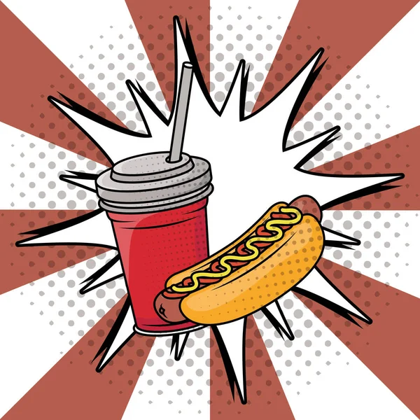 Refrigerante e cachorro-quente fast food estilo pop art —  Vetores de Stock