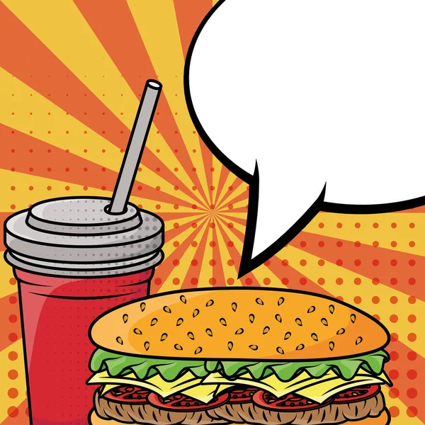 Hambúrguer e refrigerante fast food estilo pop art —  Vetores de Stock