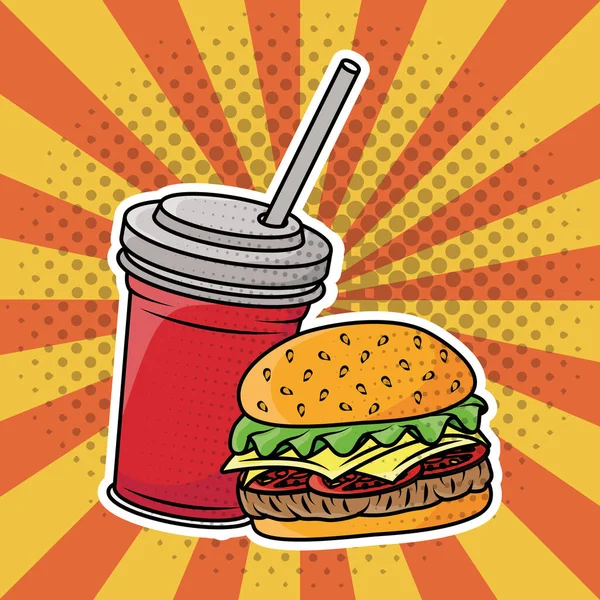 Hambúrguer e refrigerante fast food estilo pop art — Vetor de Stock
