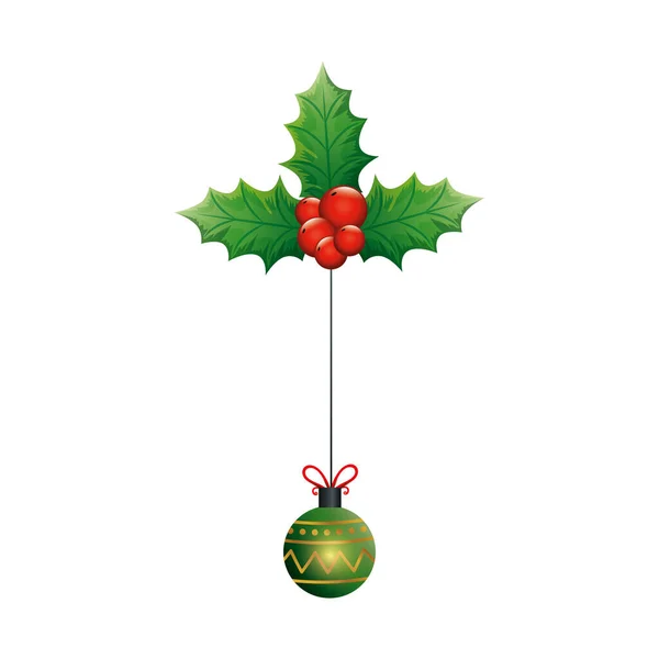 Boule de Noël suspendue avec des feuilles et des fruits — Image vectorielle