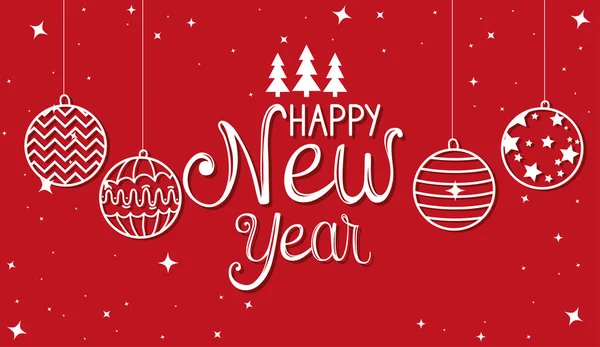 Cartaz de feliz ano novo com bolas penduradas e pinheiros — Vetor de Stock
