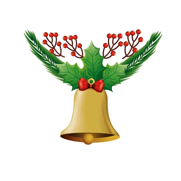 Decorazione campana di Natale con fiocco nastro e foglie — Vettoriale Stock