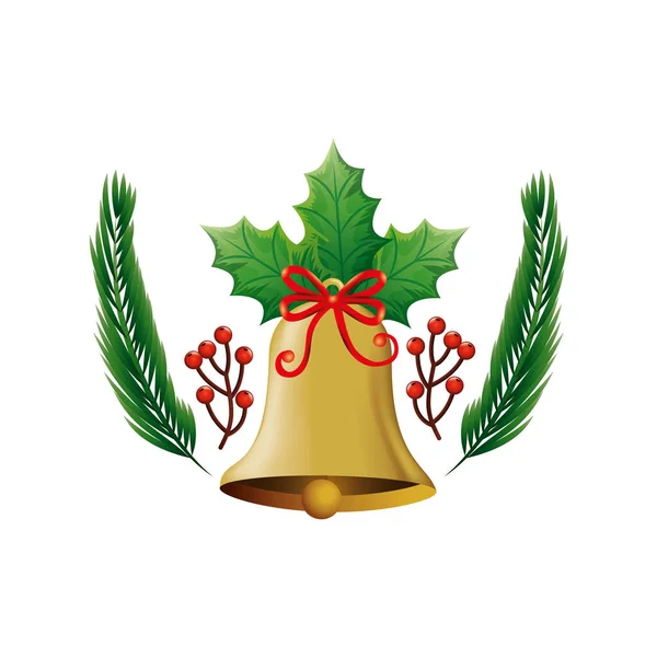 Decorazione campana di Natale con fiocco nastro e foglie — Vettoriale Stock