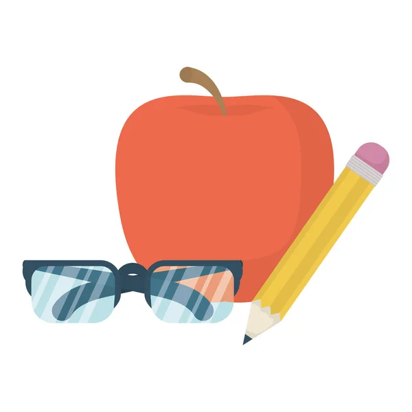Brillen optische accessoire met appel en potlood — Stockvector