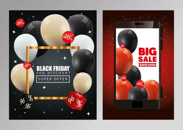 Set poster of black friday and decoration — Stock Vector