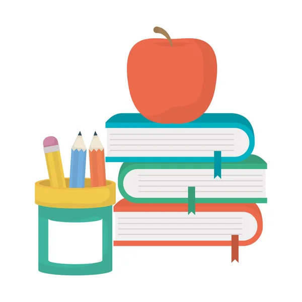 Apilar libros de texto con portalápices y manzana — Vector de stock