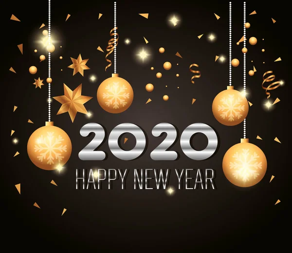 Affisch av gott nytt år 2020 med dekoration bollar hängande — Stock vektor