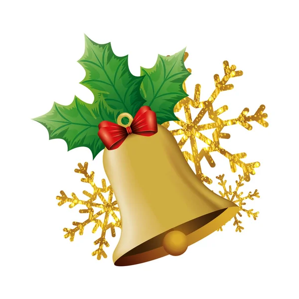 Bell christmas decoration with leafs and snowflakes — Stock Vector