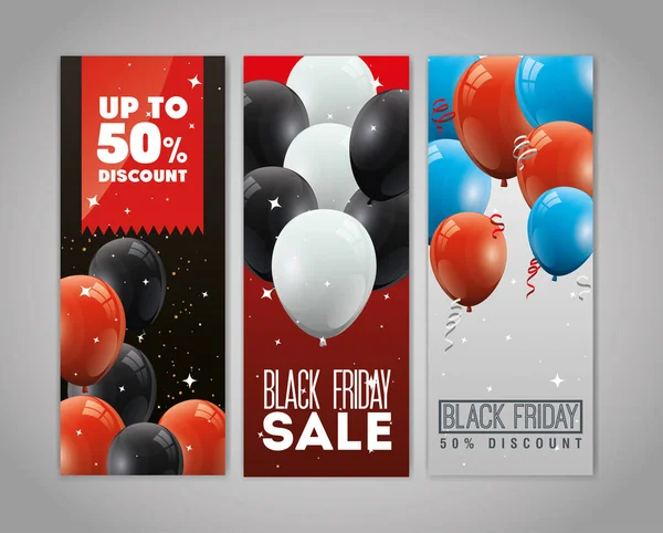 Set poster zwart vrijdag met ballonnen helium decoratie — Stockvector
