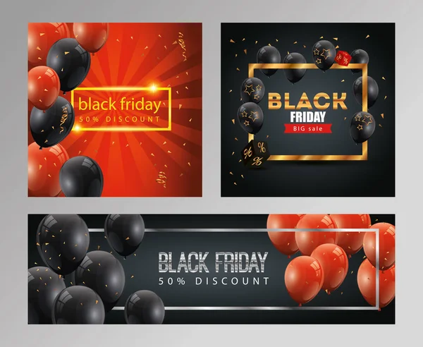Set poster van zwarte vrijdag en decoratie — Stockvector