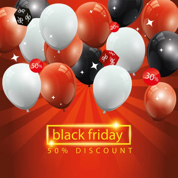 Černý pátek plakát a padesát sleva s balónky helium dekorace — Stockový vektor