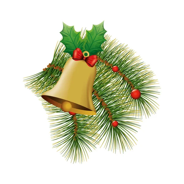 Decorazione campana di Natale con fiocco nastro e foglie — Vettoriale Stock