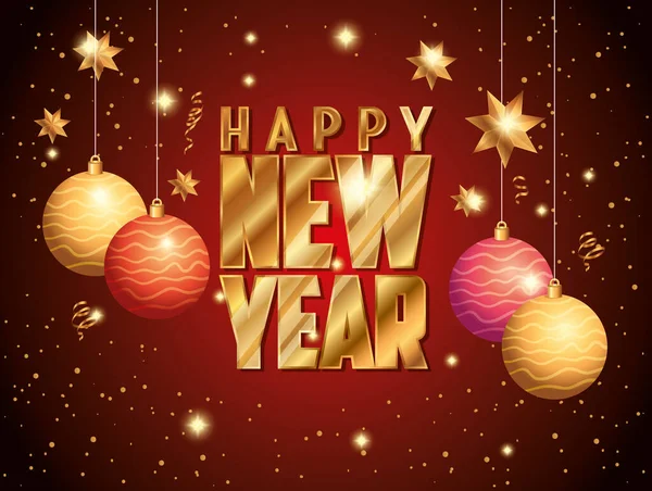 Plakat Szczęśliwego Nowego Roku z kulkami dekoracji wiszące — Wektor stockowy