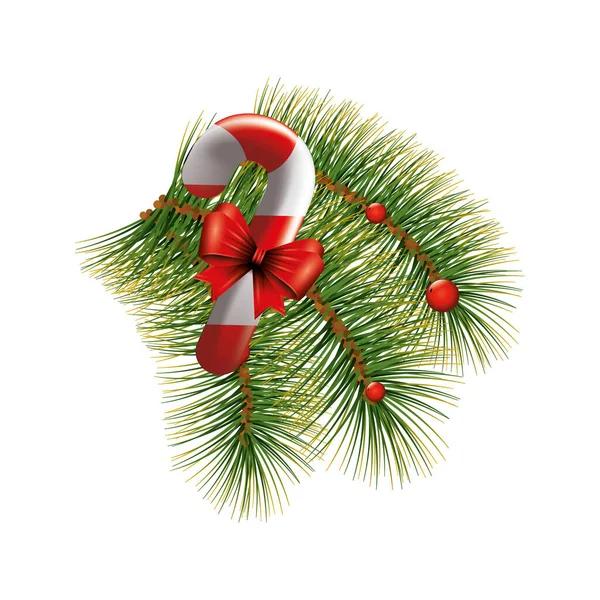 Navidad de caña dulce con cinta de lazo y hojas tropicales — Vector de stock