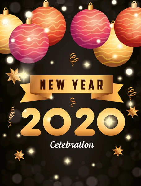 Poster di felice anno nuovo 2020 con le palle decorazione appeso — Vettoriale Stock