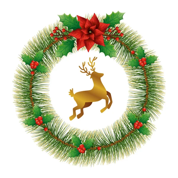 Wreath of leafs tropicals for christmas decoration with reindeer — Stock Vector