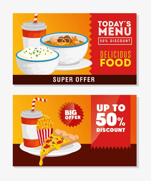 Conjunto de cartaz oferecem deliciosa fast food — Vetor de Stock