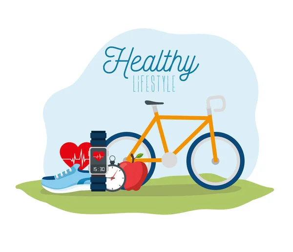 Poster gesunder Lebensstil mit Fahrrad und Symbolen — Stockvektor