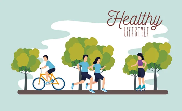 Healthy lifestyle poster with athletes in park — Stock Vector