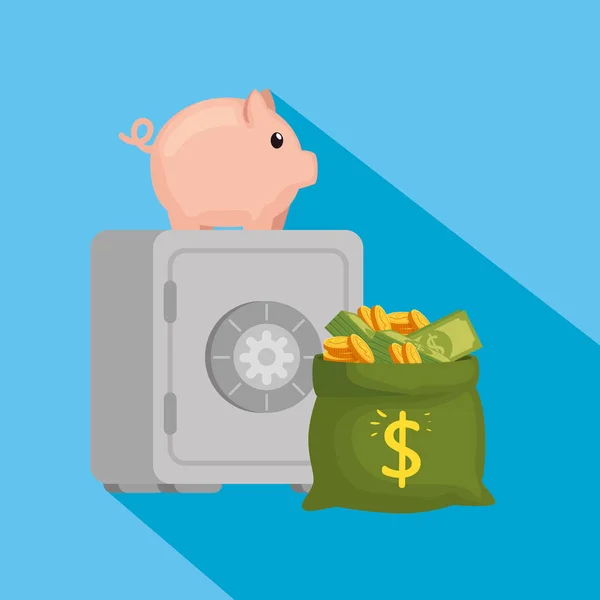 Kluis met spaarvarken bank en geldzak — Stockvector