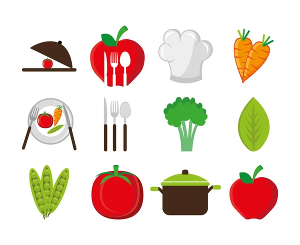 一套带有蔬菜和图标的餐具 — 图库矢量图片