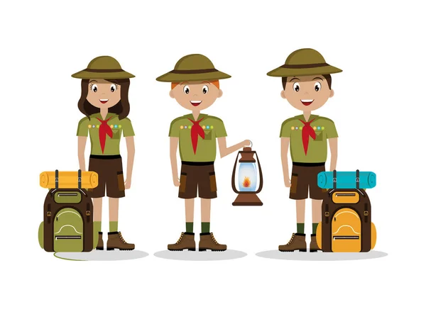 Groupe de touristes avec ensemble icônes du camping — Image vectorielle