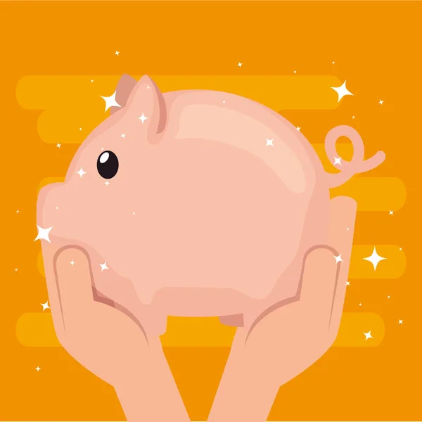 Mãos com ícones de poupança de banco porquinho —  Vetores de Stock