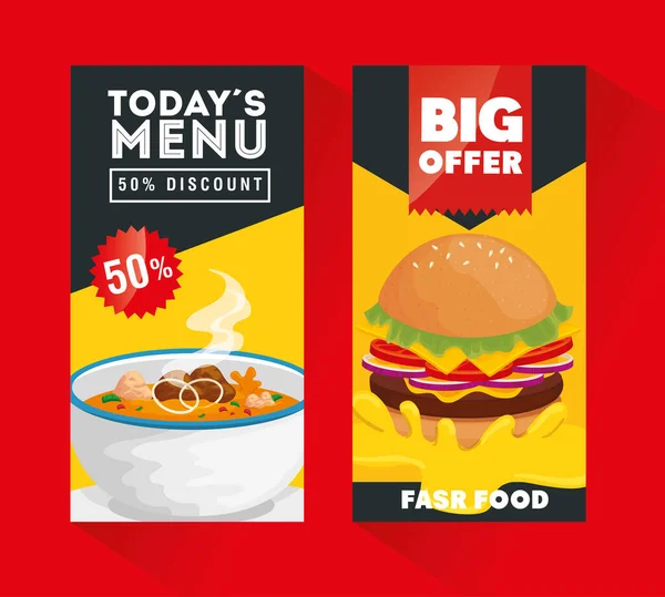 Conjunto de cartaz oferecem deliciosa fast food — Vetor de Stock