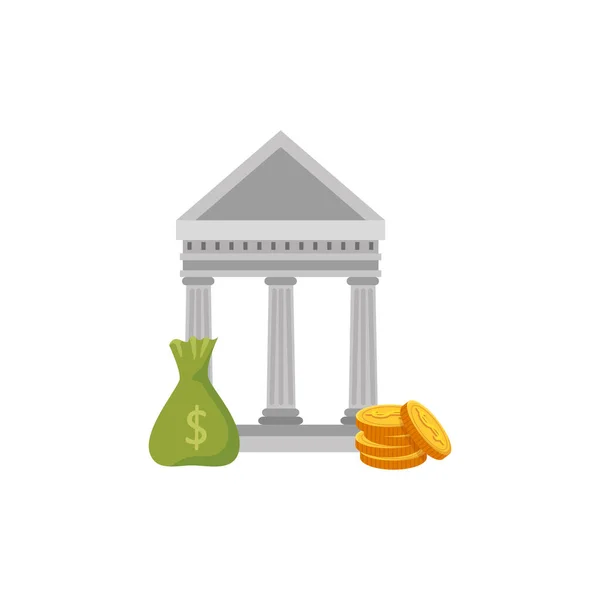 Bankovní struktura s taškou peněz a mincí — Stockový vektor