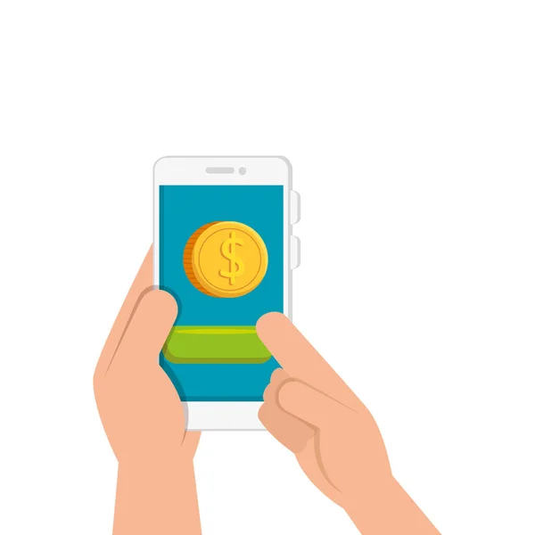 Mani e smartphone con moneta isolata icona — Vettoriale Stock