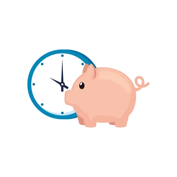 돼지 은행의 고립된 아이콘을 가진 시계 — 스톡 벡터