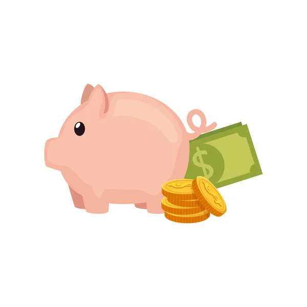 Sparschwein mit Münzen und Schein — Stockvektor