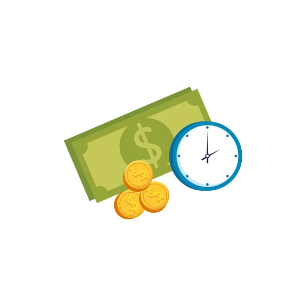 Fatura de dinheiro com moedas e relógio ícone isolado —  Vetores de Stock