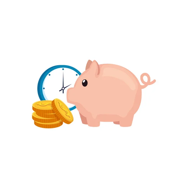 带有硬币和时钟分隔图标的小猪银行 — 图库矢量图片