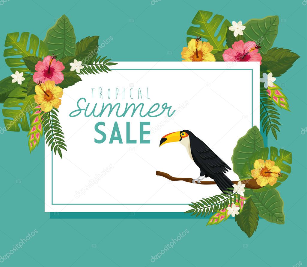 tropical summer sale with frame of flowers and animal exotic