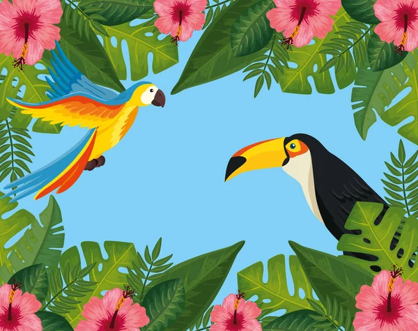 Tropický letní prodej s rámem květin a zvířat exotika — Stockový vektor