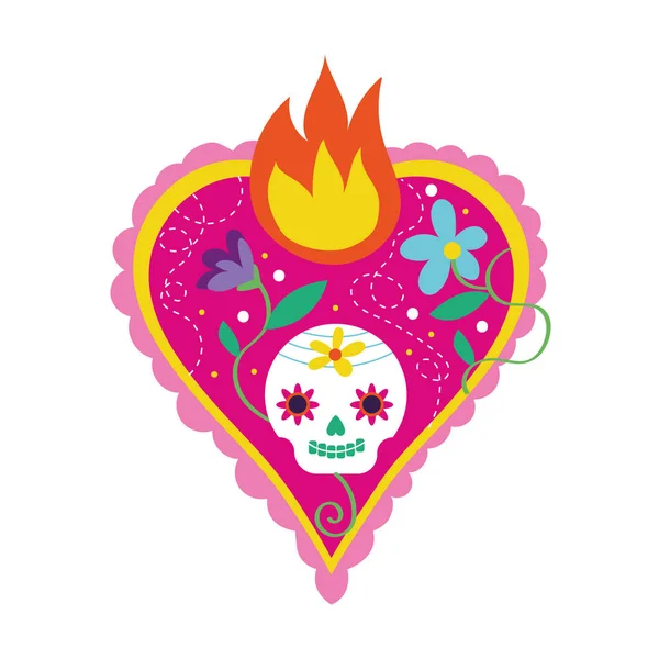Mexican celebration heart with skull mask and flame — Stock Vector