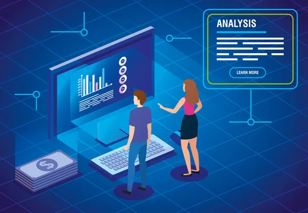 Mujer de negocios con portátil y análisis de datos — Vector de stock