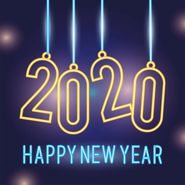 Felice anno nuovo 2020 luci al neon con i numeri appesi — Vettoriale Stock