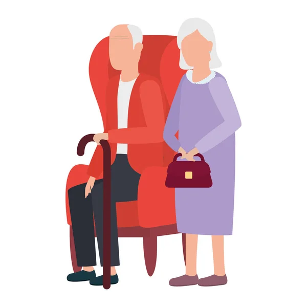 Γιαγιά και παππούς κάθονται σε καναπέδες avatars χαρακτήρες — Διανυσματικό Αρχείο