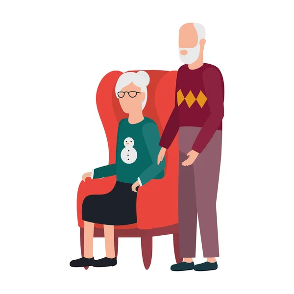 Grootvader en grootmoeder zitten in sofa avatars personages — Stockvector