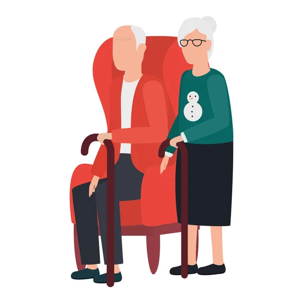 Бабушка и дедушка, сидящие в персонажах диван-аватаров — стоковый вектор