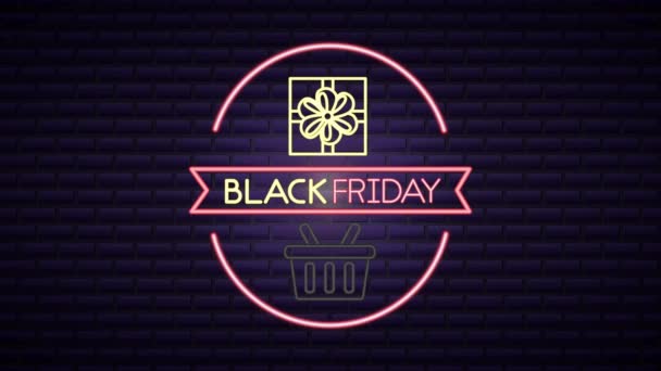 Black Friday Neon Light Etikett mit Geschenk und Warenkorb — Stockvideo