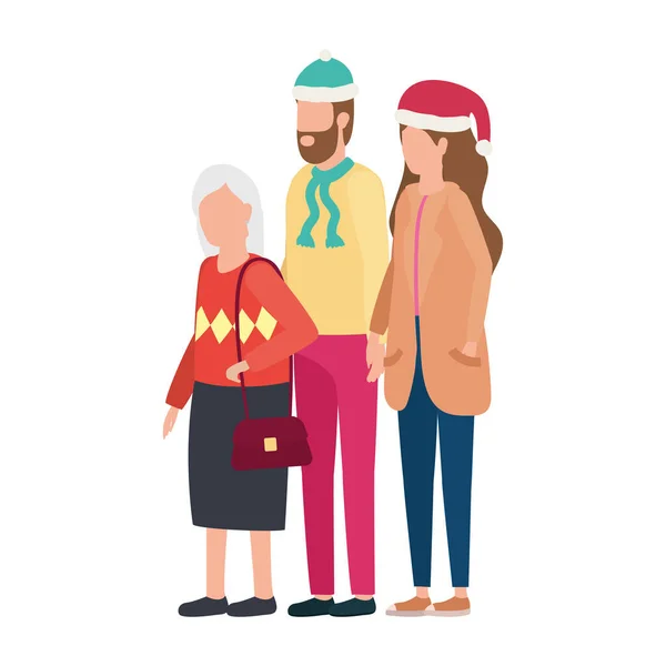 Mignon grand-mère avec jeune couple en utilisant chapeau de Noël — Image vectorielle