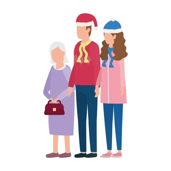 Linda abuela con joven pareja usando sombrero de Navidad — Vector de stock